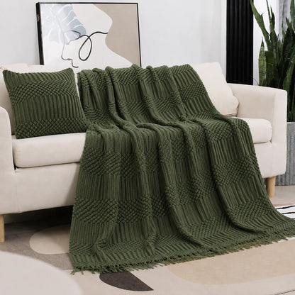 Beige Openwork Textured Knit Throw Blanket with Tassel Fringe, Soft Knitted Decorative Blanket, Lightweight Cozy Cover for Couch Sofa Bed, Boho Farmhouse Home Decor for Living Room Bedroom