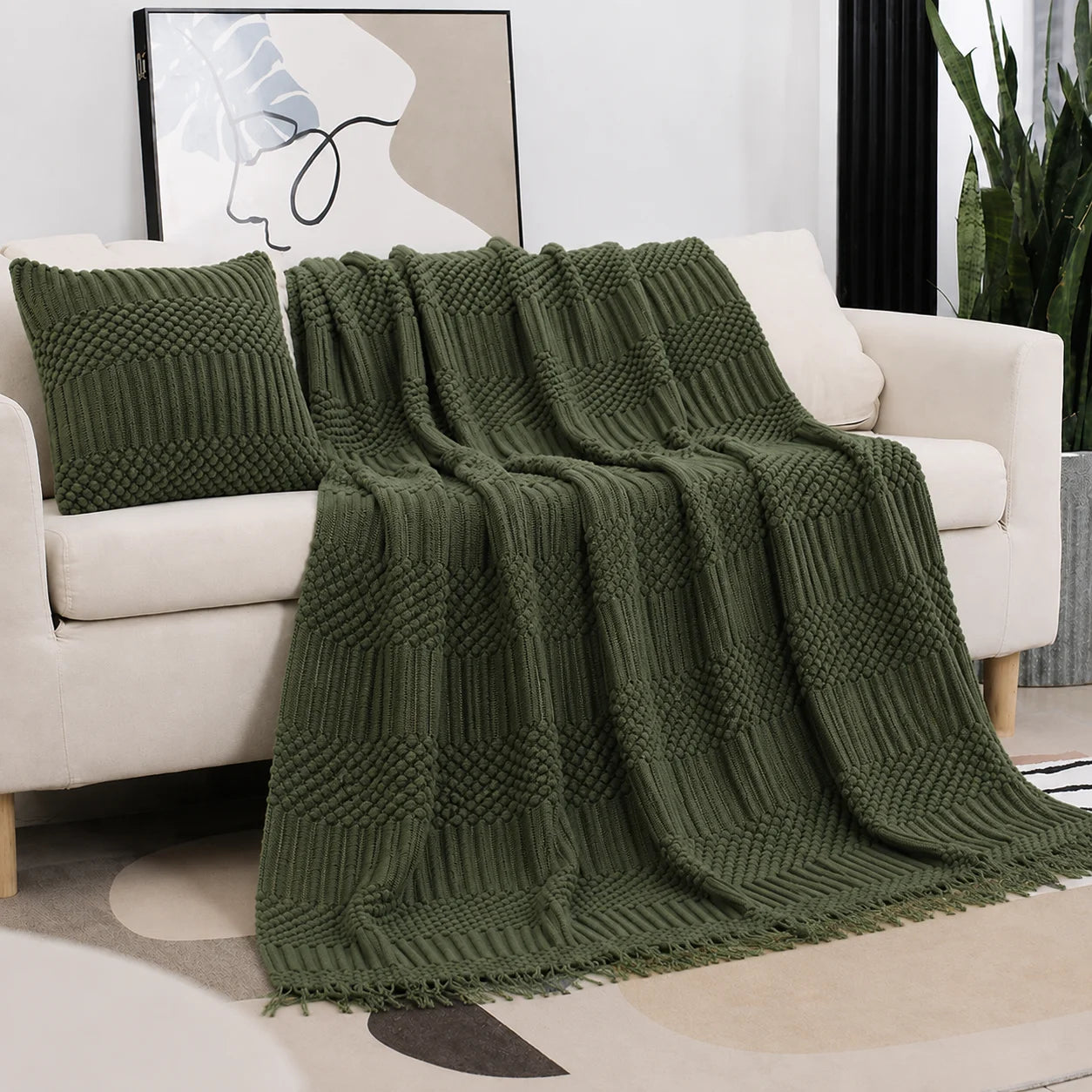Beige Openwork Textured Knit Throw Blanket with Tassel Fringe, Soft Knitted Decorative Blanket, Lightweight Cozy Cover for Couch Sofa Bed, Boho Farmhouse Home Decor for Living Room Bedroom