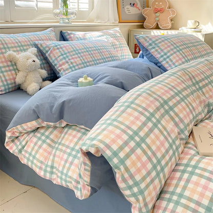 3/4 Pcs Blue Checkered Bedding Set Simple Style Soft Skin Friendly Duvet Cover Flat Sheet and Pillowcases Single Double Bed Sets