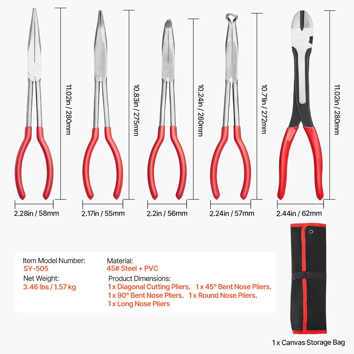 5-Piece Needle Nose Pliers 11in Long Needle Nose Pliers Set Diagonal Cutting Pliers 45°/90° Bent Round Nose Plier