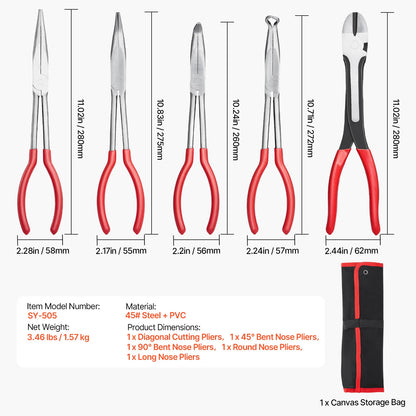 5-Piece Needle Nose Pliers 11in Long Needle Nose Pliers Set Diagonal Cutting Pliers 45°/90° Bent Round Nose Plier