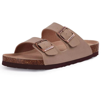 Crestar Women's Cork Footbed Slide Sandals – Adjustable Buckle Suede Beach Shoes