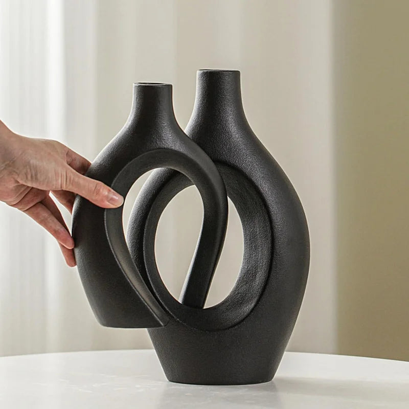 Ensemble de 2 vases en céramique d'imitation moderne, vases à fleurs décoratifs creux au design scandinave médiéval pour la décoration intérieure