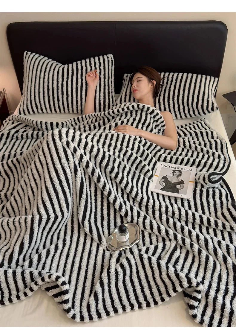 Imitation Rabbit Plush Striped Blanket Fluffy Soft Fleece Throw Blanket for Sofa Single Double Spring Autumn Warm Bed Blankets