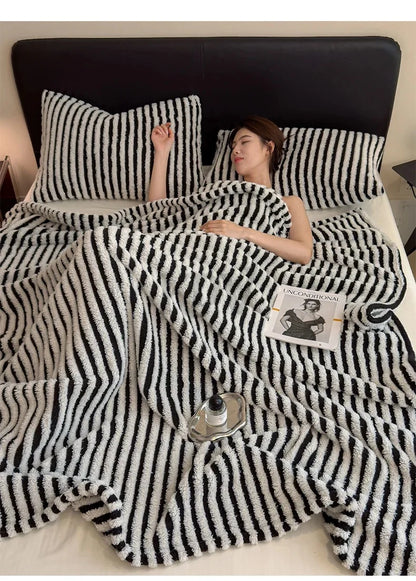 Imitation Rabbit Plush Striped Blanket Fluffy Soft Fleece Throw Blanket for Sofa Single Double Spring Autumn Warm Bed Blankets