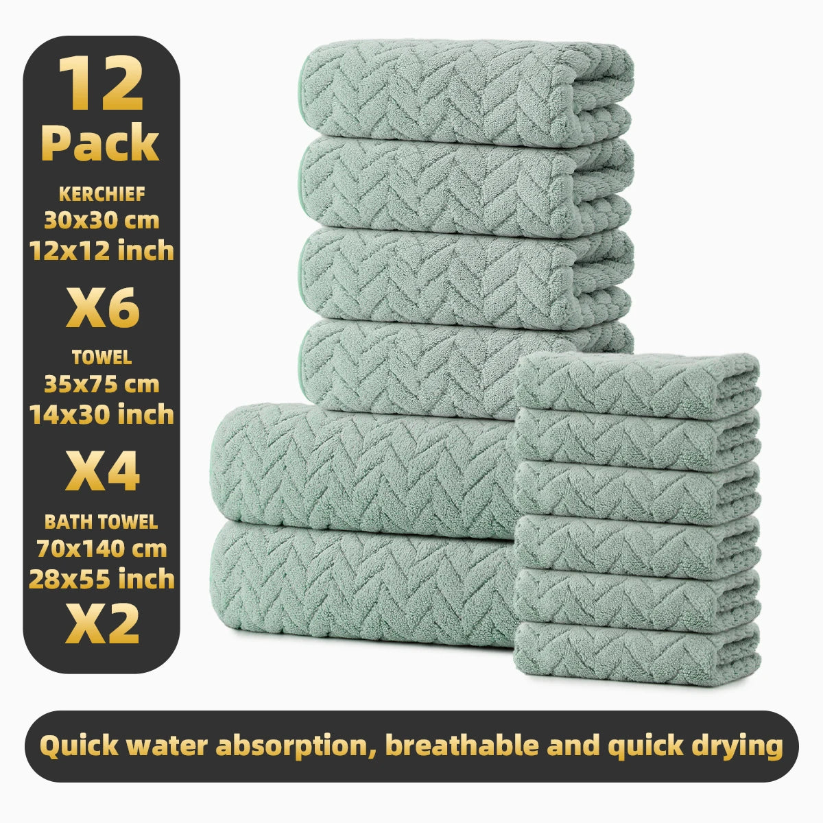 12-Piece Towel Set, 2 Bath Towels + 4 Hand Towels + 6 Face Towels, Soft