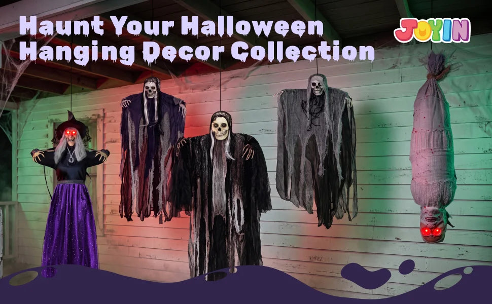 23.6'' 3Pcs Halloween Hanging Ghosts Decorations Outdoor, Warm Light Up Ghosts with Witch Hat & Timer, Flying Halloween Decorations for Yard Porch Lawn Party Supplies Tree Decor