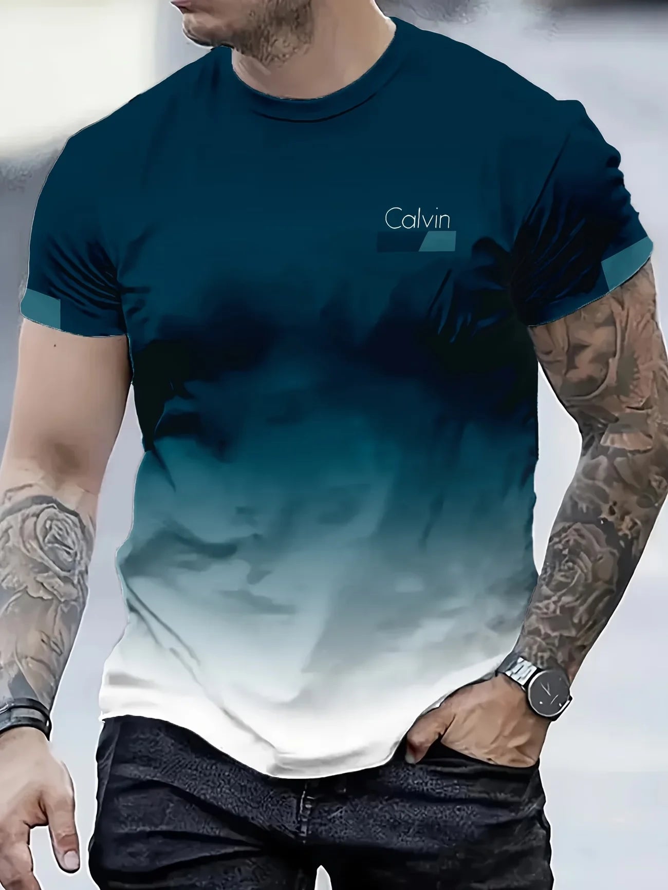 Men's Luxury Gradient 3D Print T-Shirt — Turquoise Gold Swirl Abstract Crew Neck Tee