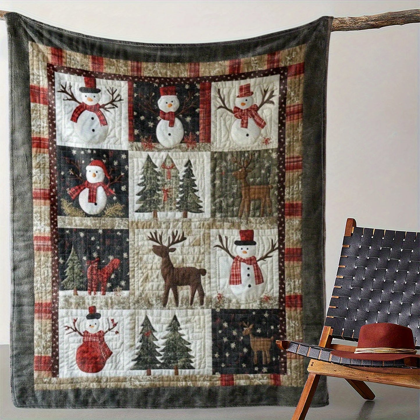 Cozy Christmas Blanket Flannel Quilt Throw - Soft Warm Bedspread with Snowman, Reindeer Cedar Print, Plaid Border Fleece Blanket