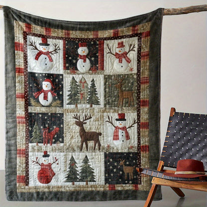 Cozy Christmas Blanket Flannel Quilt Throw - Soft Warm Bedspread with Snowman, Reindeer Cedar Print, Plaid Border Fleece Blanket