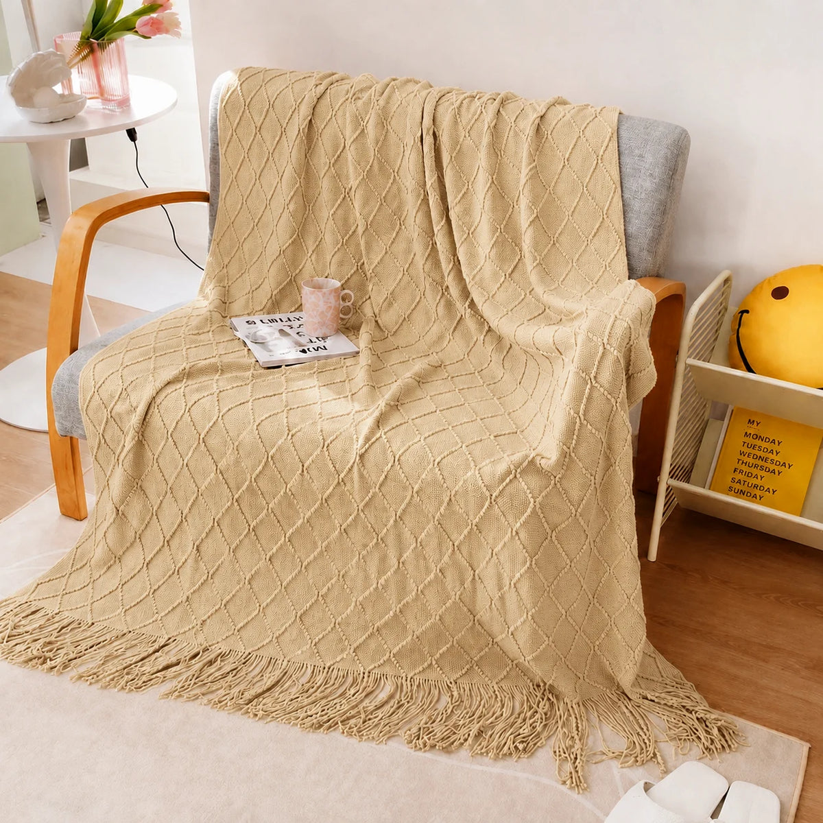 Sage Green Diamond Knit Throw Blanket with Tassels