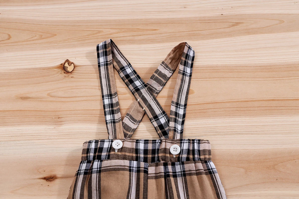 Plaid Bear Print Bodysuit & Suspender Trousers Set