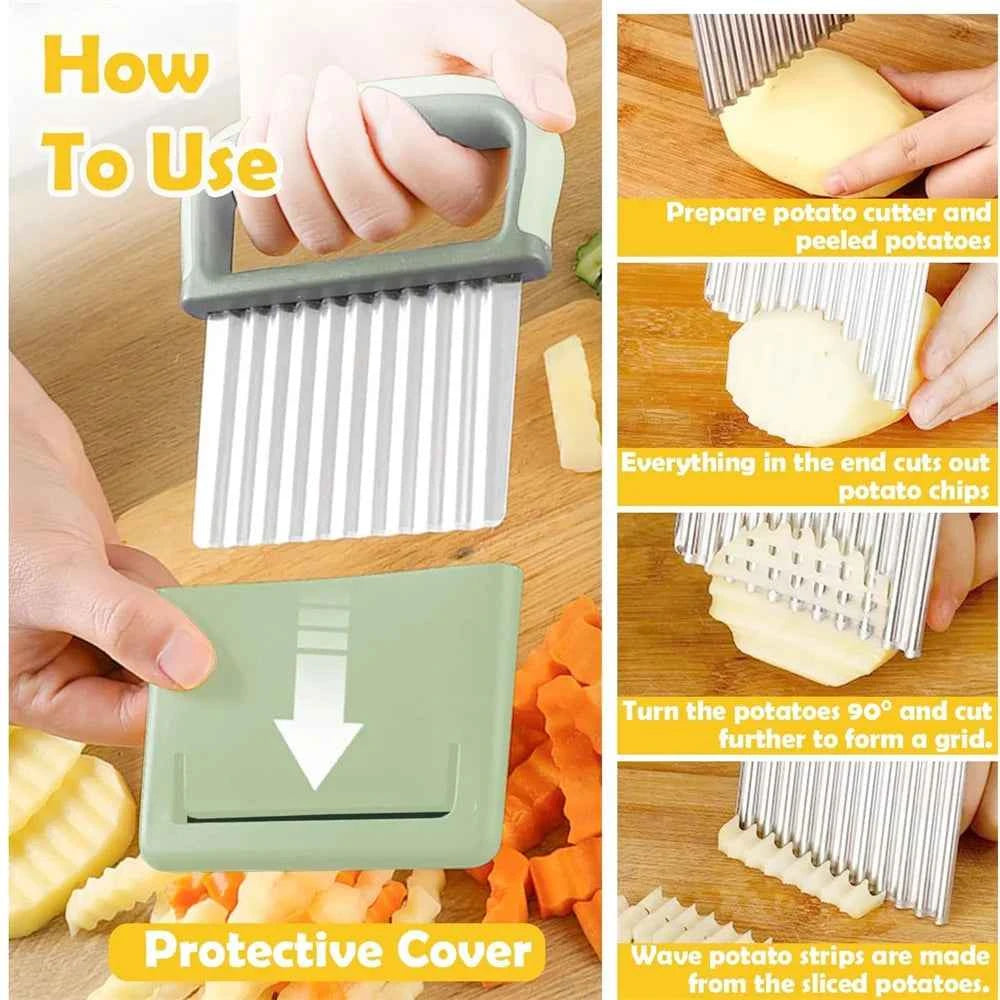 Stainless Steel Potato Chip Slicer Dough Vegetable Fruit Crinkle Wavy Kitchen Knife Cutter Chopper French Fry Maker Tools Gadget