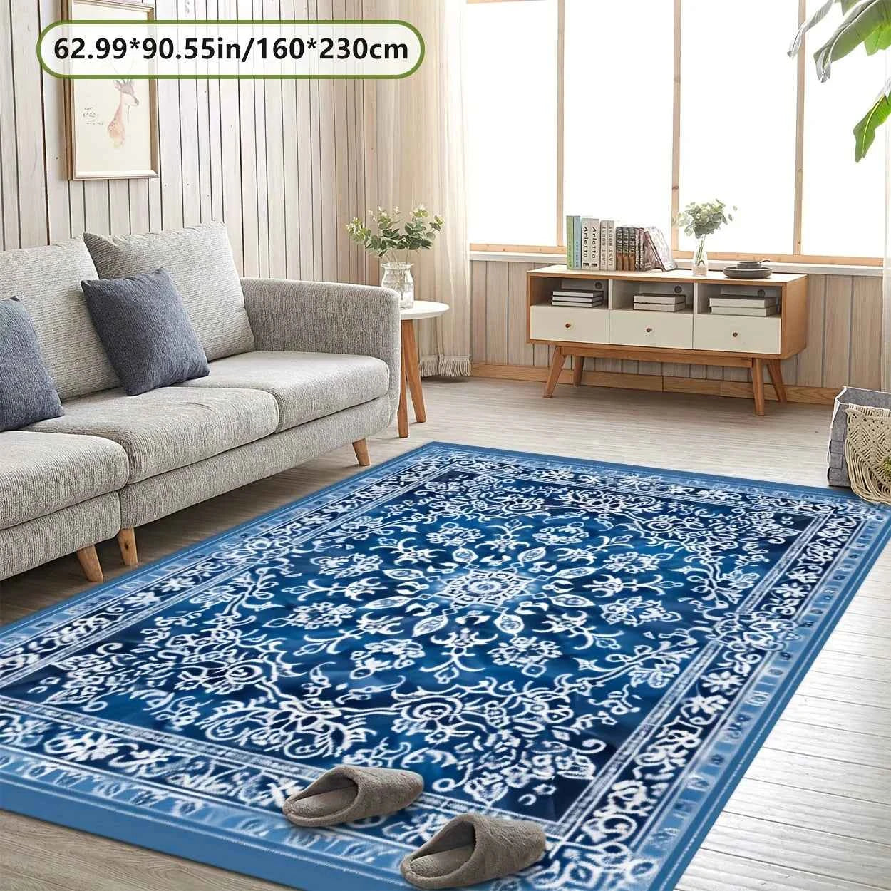 Luxurious Blue Exotic Floral Area Mat - 78.74" x 118.11", Non-Slip Backing, Machine Washable, Perfect for Living Room, Bedroom,