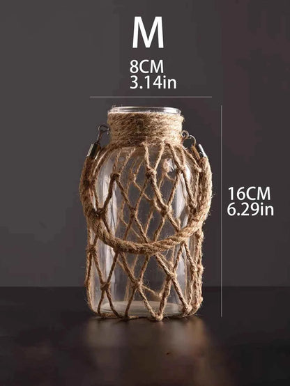 Hand Woven Hemp Rope Glass Vase Dry Flower Decor Art Glass Vase Nordic Living Room Table Decoration Bedroom Boho Home Decoration