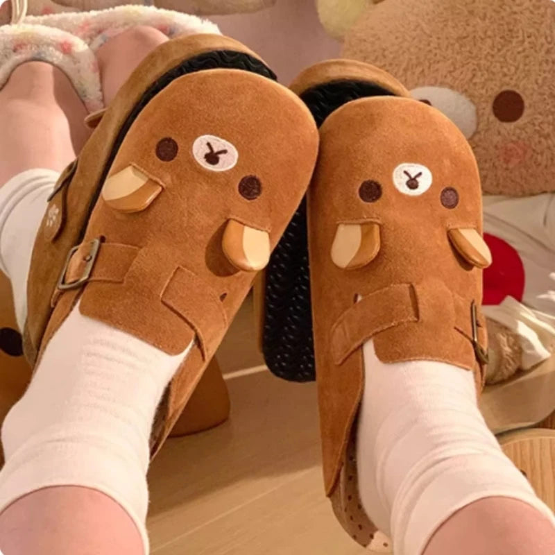 Fashion Women Boken Shoes  Retro Thick-Soled Super Comfortable Cute Exquisite Little Bear Design Outdoor Casual Half-Drag Flats