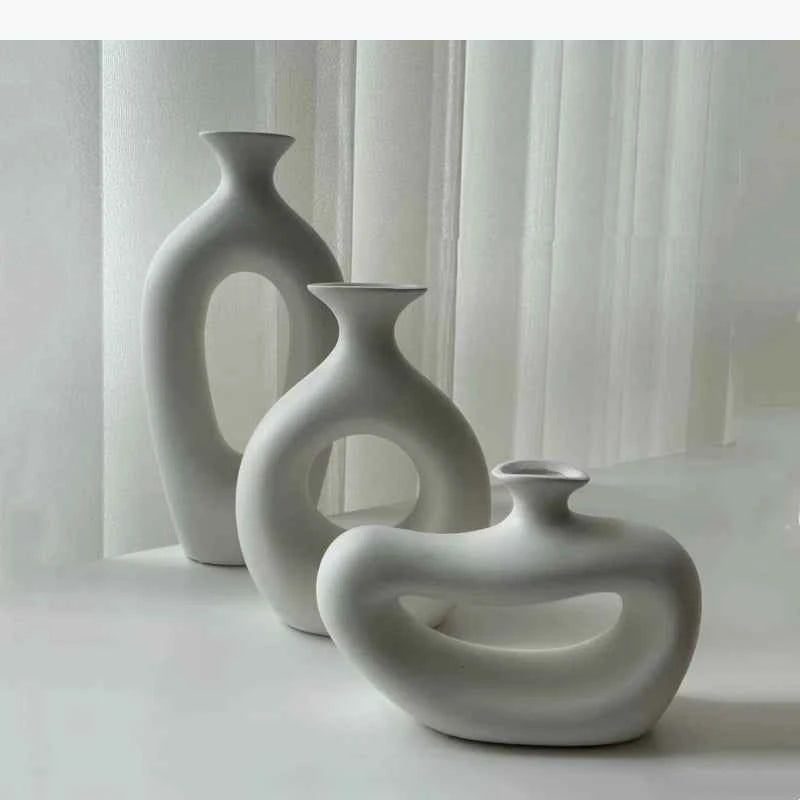 Ceramic Vase Hollow Pipe Irregular Hand-made Vase White Rough Pottery and Porcelain Crafts Floral Arrangement Accessories