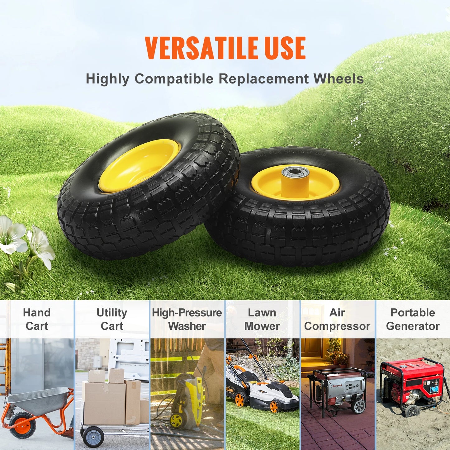 2-Pack Solid PU Run-Flat Tire Wheel 10" Flat Free Tubeless Tires and Wheels for Dollies Garden Trailers Various Carts