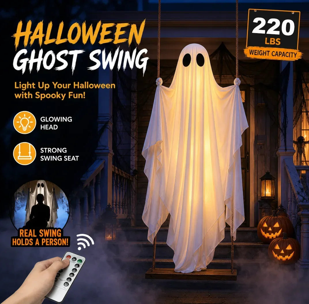 Large Hanging Swinging Ghost Halloween Decoration with LED String Lights Spooky Glowing Outdoor Decor for Front Porch Yard Party