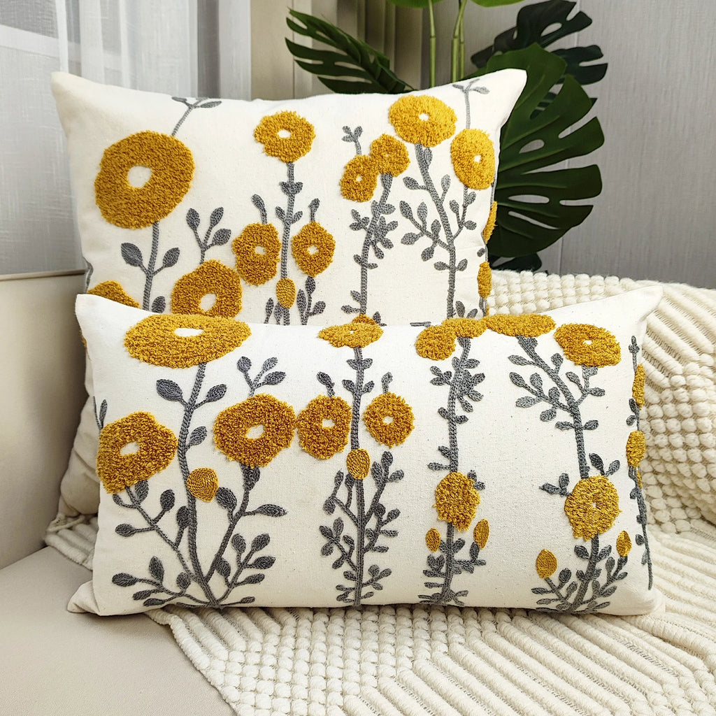 Boho Floral Tufted Embroidery Cushion Cover