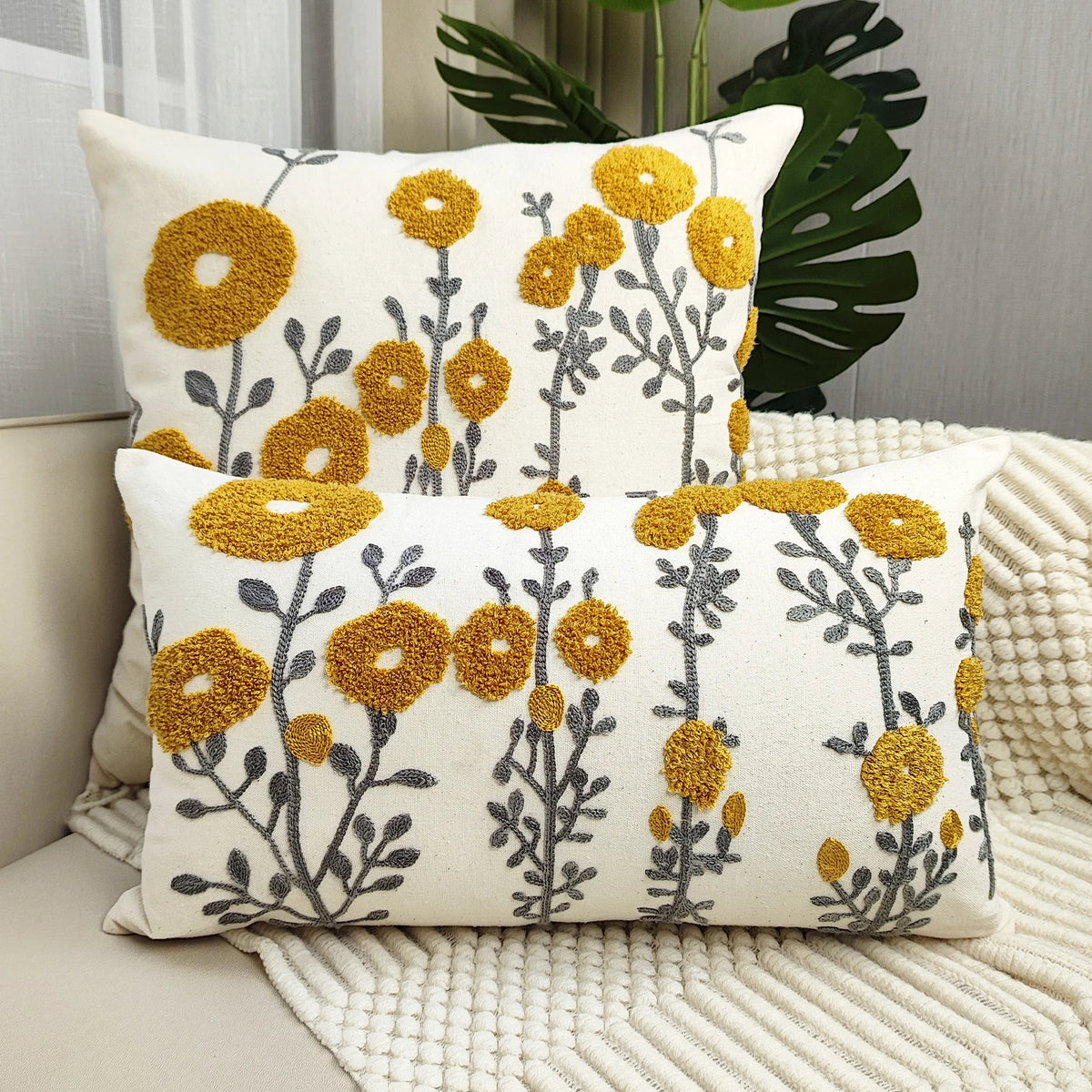 Boho Floral Tufted Embroidery Cushion Cover