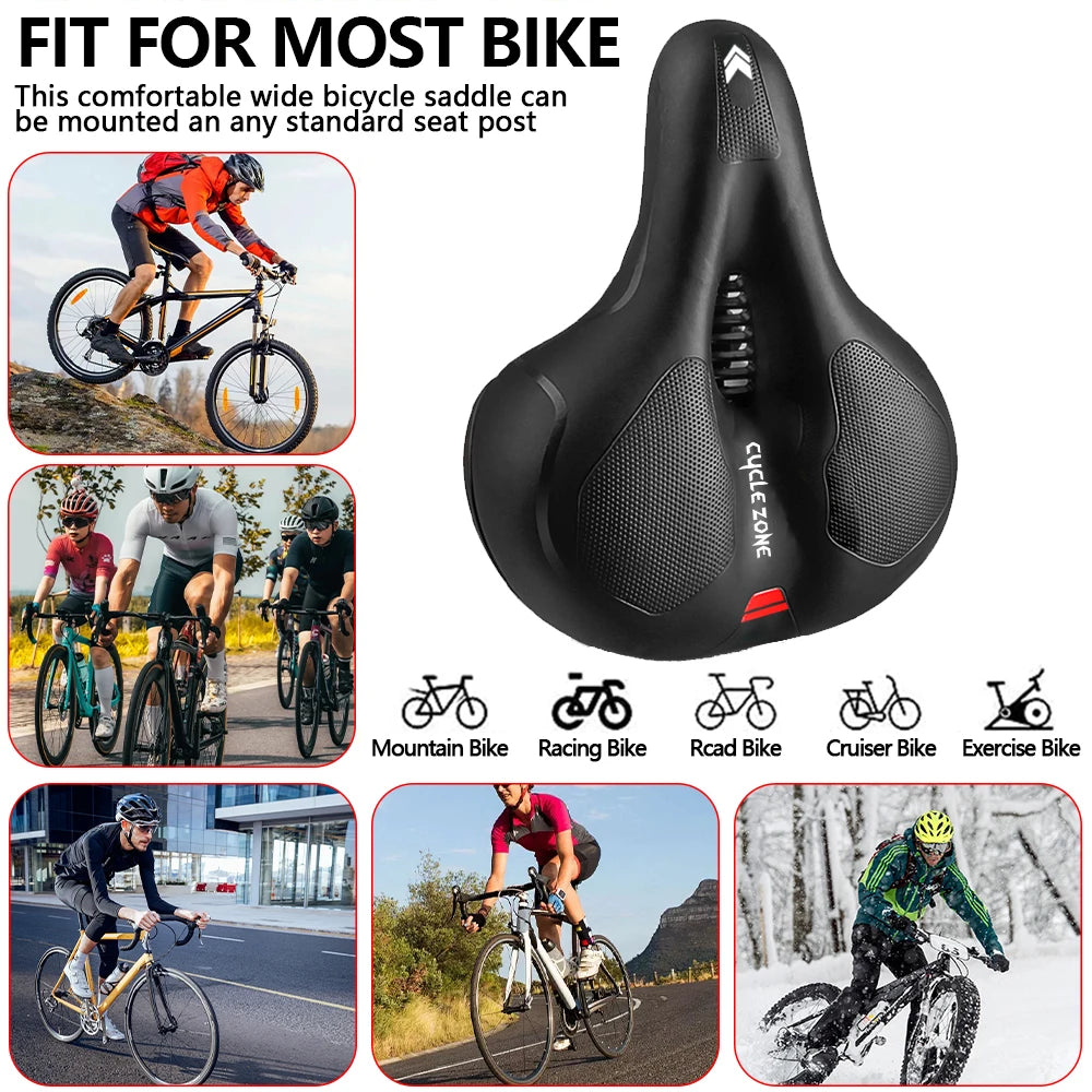 Hollow Breathable Bicycle Saddle Men Women MTB Road Bike Saddle Shock Absorbing Comfortable Big Butt Bike Seat Safety Warning