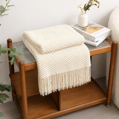 Cream Popcorn Bobble Textured Knit Throw Blanket with Tassel Fringe, Soft Knitted Decorative Blanket, Lightweight Cozy Cover for Couch Sofa Bed, Boho Farmhouse Home Decor for Living Room Bedroom