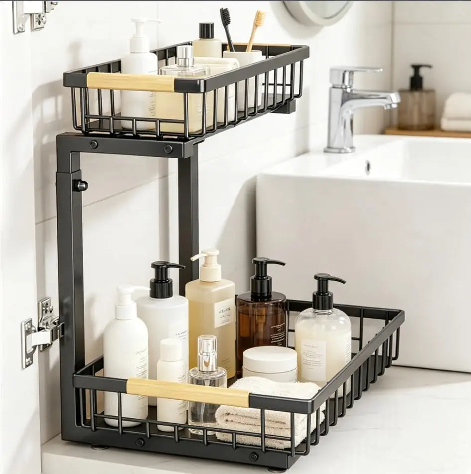2-Tier Under Sink Organizer with Pull-Out Sliding Drawers, White and Black