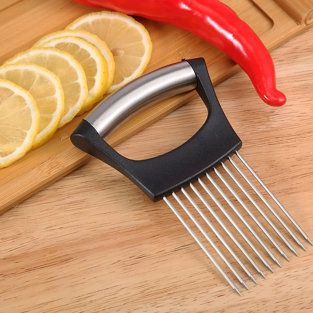 Stainless Steel Onion Slicer Holder & Meat Tenderizer – Multipurpose Cutting Tool