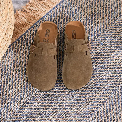 Leather Slippers Women Summer Luxury Sandals Baotou Cork Bottom Half Slippers Outside Cow Suede Flat Slippers Womens Shoes