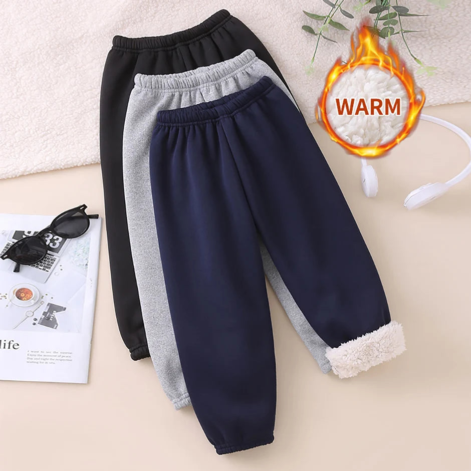 Autumn And Winter Children's Plush Warm Sports Casual Pants For Boys And Girls Solid Color Fashion Thick Windproof Harun Pants