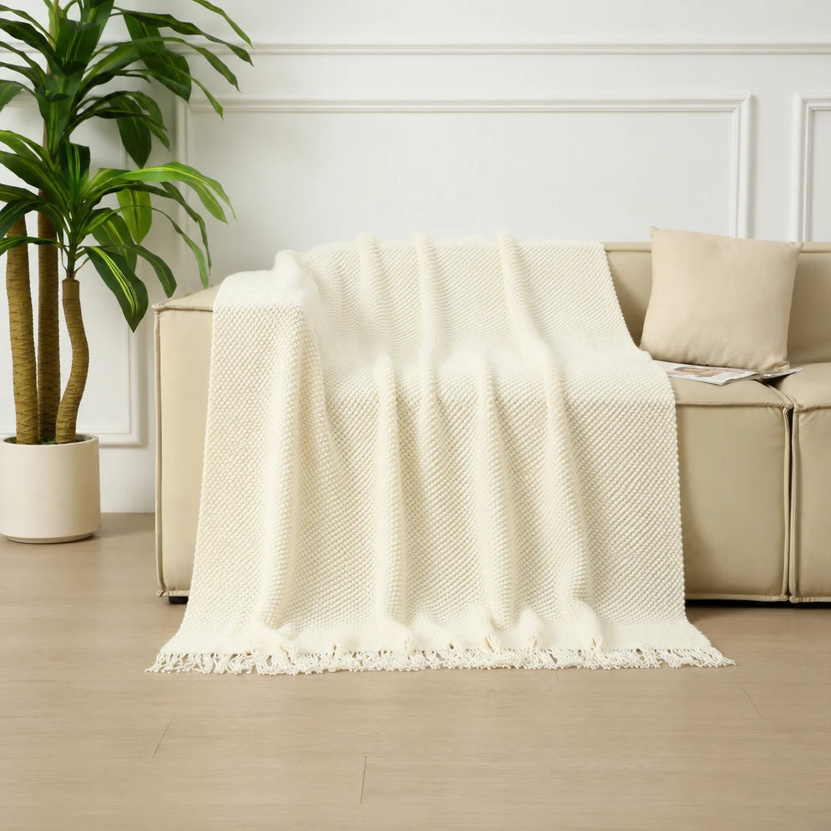 Dark Green Geometric Bobble Textured Knit Throw Blanket with Tassel Fringe, Soft Knitted Decorative Blanket, Lightweight Cozy Cover for Couch Sofa Bed, Boho Farmhouse Home Decor for Living Room Bedroom