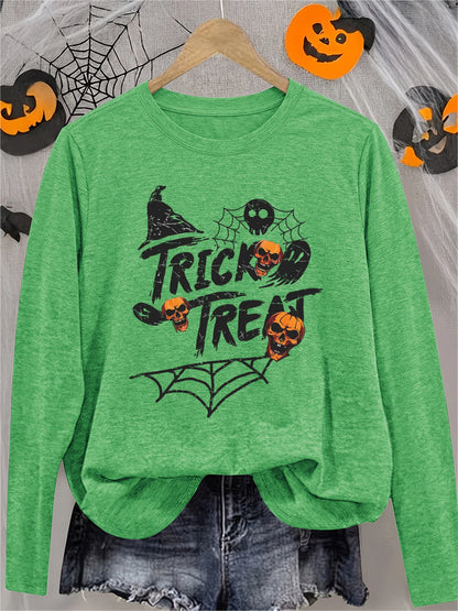 Women's Halloween Long Sleeve T-Shirt with Black Spider Web, Orange Pumpkin Skull & Witch Hat Print, Cute Creepy Funny Tee, Soft Casual Sporty Vacation Top, Trick or Treat Gift