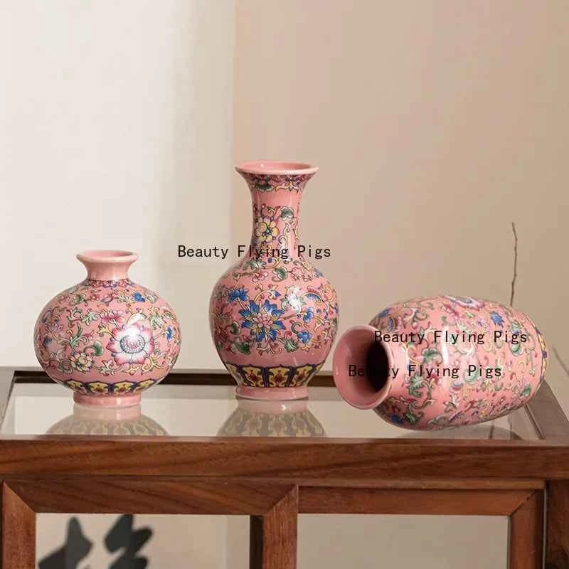 Jingdezhen enamel ceramic flower arrangement Chinese ethnic style living room flower arrangement decoration technology