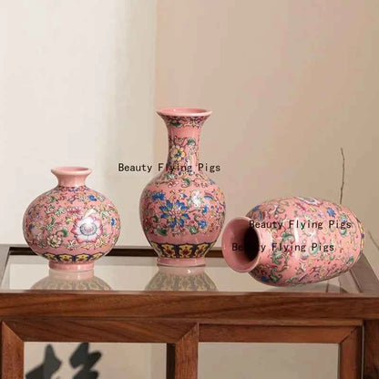 Jingdezhen enamel ceramic flower arrangement Chinese ethnic style living room flower arrangement decoration technology