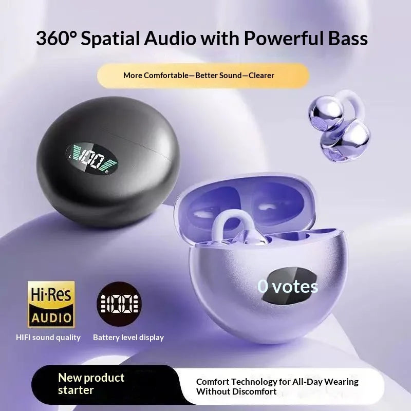 Premium Clip-On Wireless Earbuds – HiFi Sound, 32H Battery, 360° ACS, Touch Control & Mic