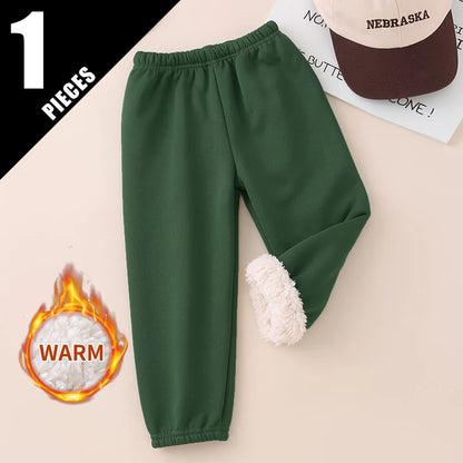 Autumn And Winter Children's Plush Warm Sports Casual Pants For Boys And Girls Solid Color Fashion Thick Windproof Harun Pants