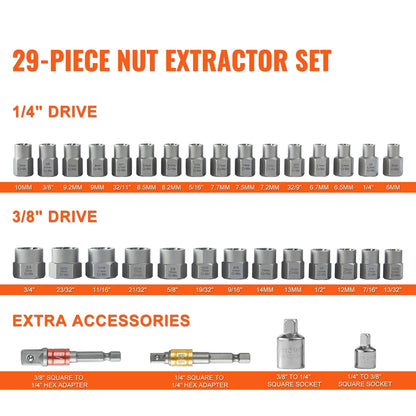 Bolt Extractor Set Bolt and Nut Remover Set 6mm to 10mm 13/32" to 3/4" CR-MO Steel Extraction Socket Set
