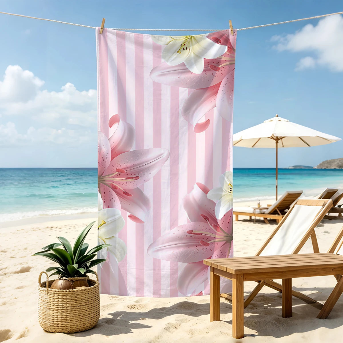 1pc pink striped beach towel, large floral printed beach towel, ultra-fine