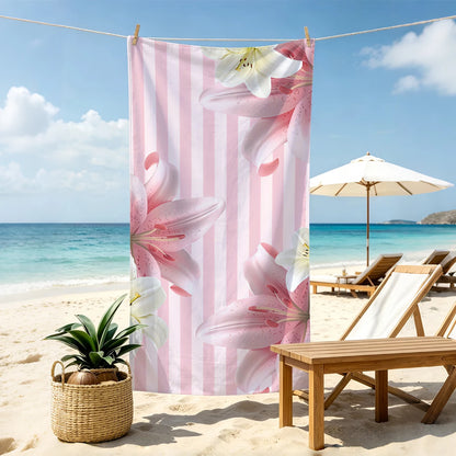 1pc pink striped beach towel, large floral printed beach towel, ultra-fine