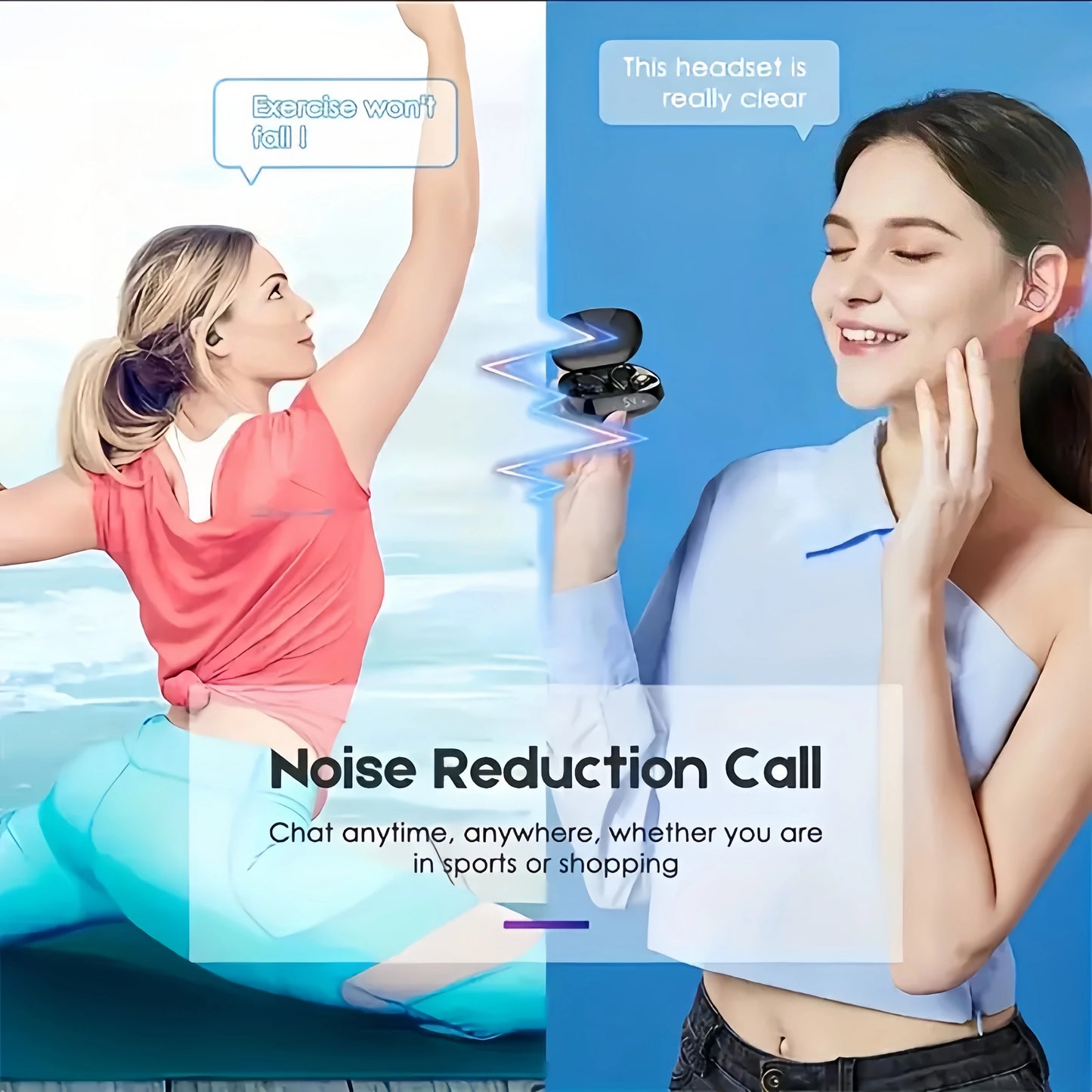 True Wireless Earbuds – Ear Clip Sport Design, Stereo Sound, Mic & LED Display