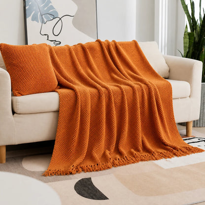 Beige Openwork Textured Knit Throw Blanket with Tassel Fringe, Soft Knitted Decorative Blanket, Lightweight Cozy Cover for Couch Sofa Bed, Boho Farmhouse Home Decor for Living Room Bedroom