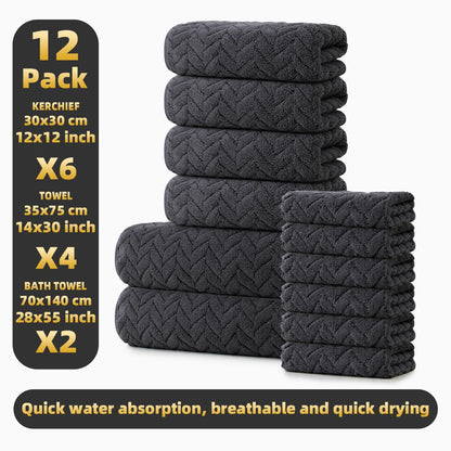 12-Piece Towel Set, 2 Bath Towels + 4 Hand Towels + 6 Face Towels, Soft