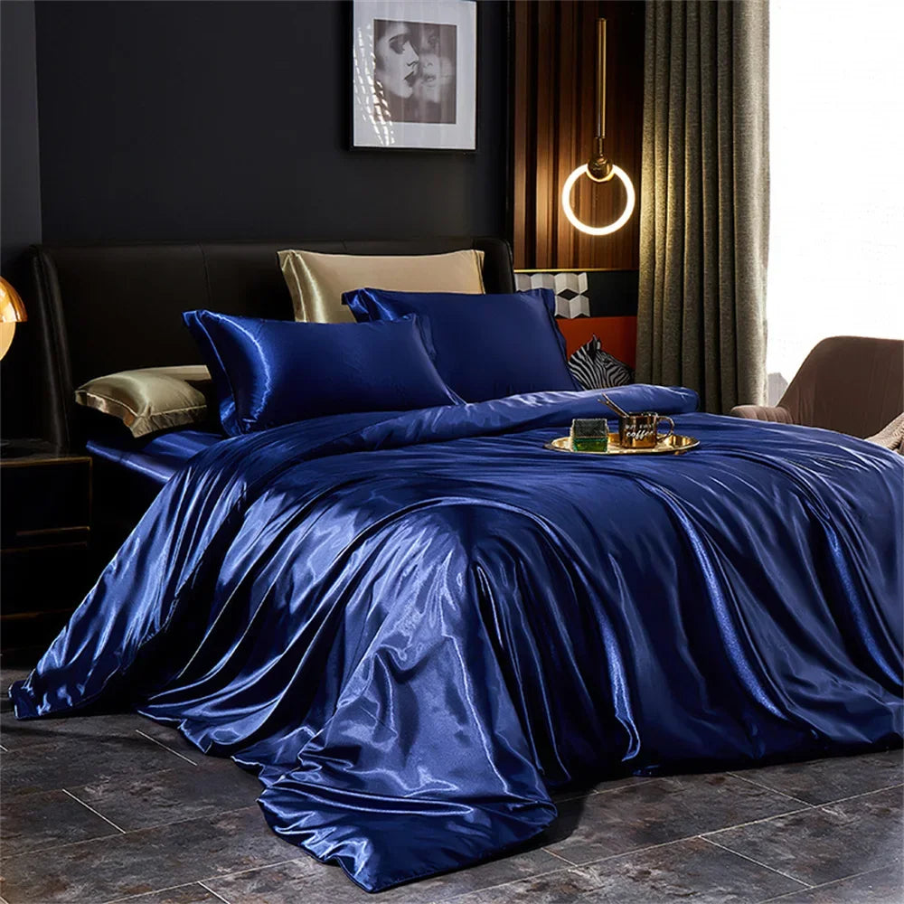 Luxury Solid Silk Satin Bedding Set – Duvet Cover, Bed Sheet & Pillowcases | Twin to King & Family Suite