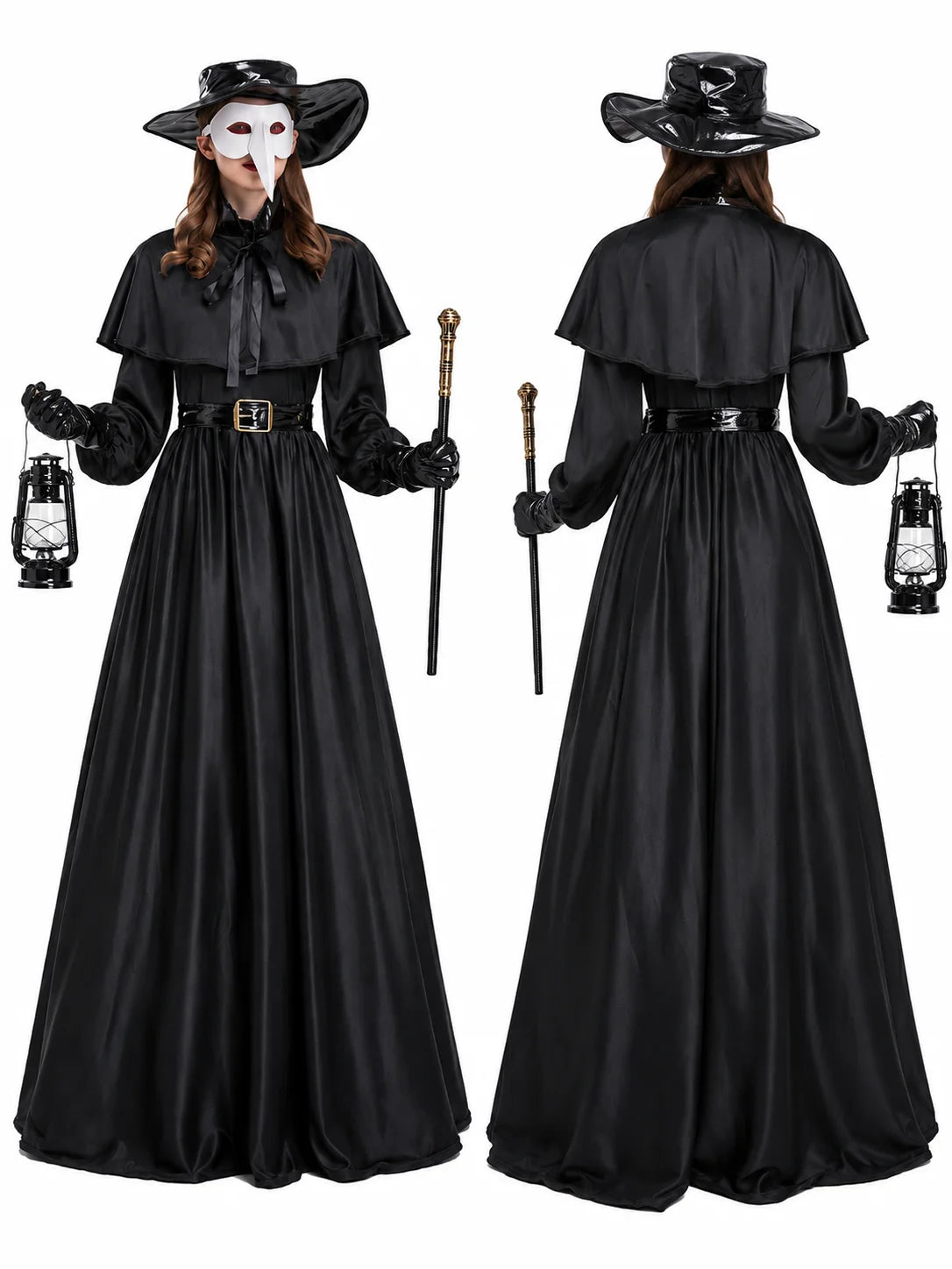 Women Plague Doctor Costume Set Medieval Gothic Long Dress with Cape Belt Hat Gloves Bird Beak Mask Steampunk Halloween Cosplay Outfit for Carnival Party
