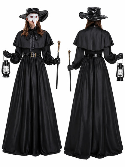 Women Plague Doctor Costume Set Medieval Gothic Long Dress with Cape Belt Hat Gloves Bird Beak Mask Steampunk Halloween Cosplay Outfit for Carnival Party