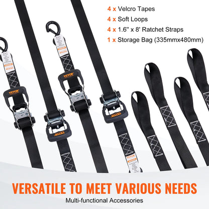 4pcs Trailer Ratchet Tie Down Straps with Padded Handles Hook Brake Belt for Securing Cargo Motorcycle