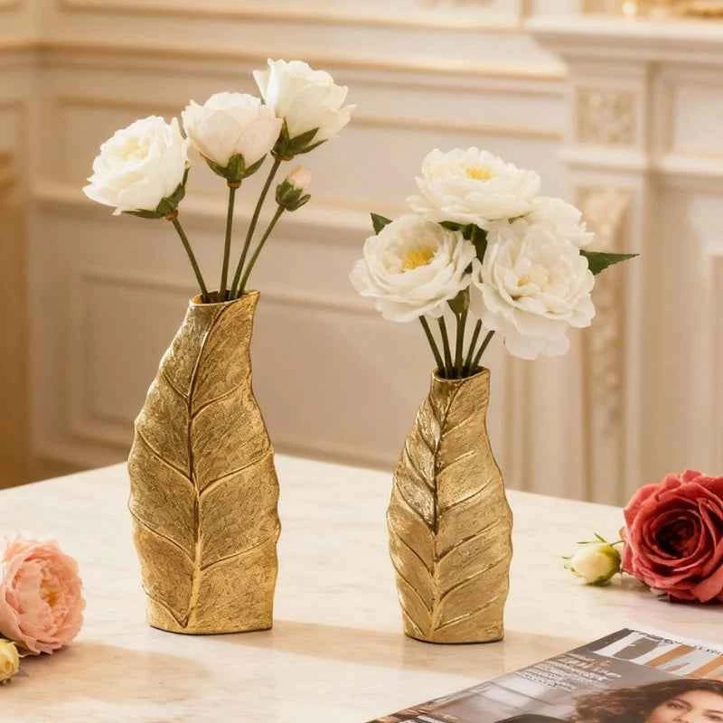 Golden Leaf Vase European-style Home Decor Ceramic Vase Living Room Entrance Hall Craft Decorative Ornament Flower Holder