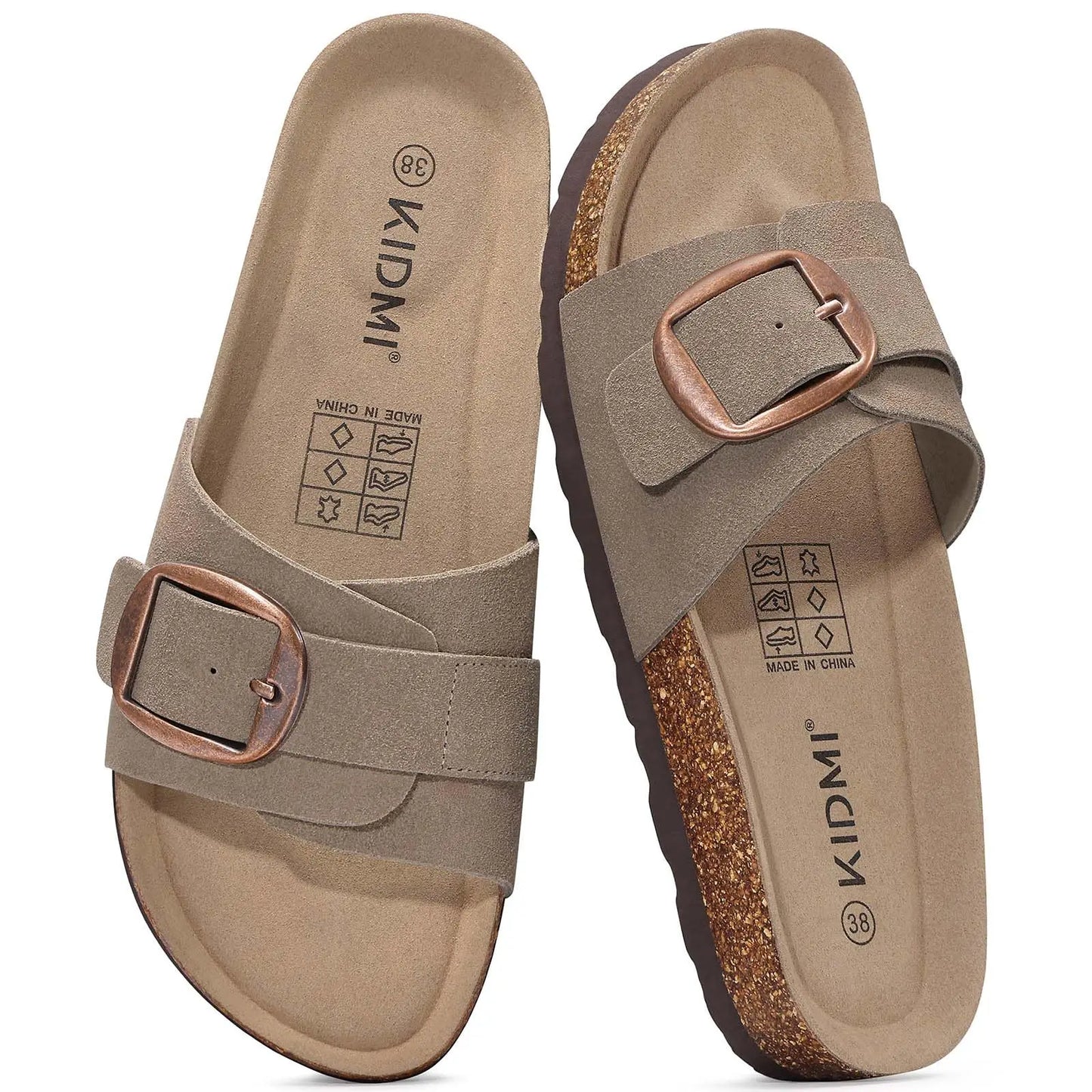 Crestar Women's Genuine Suede Cork Footbed Sandals – Adjustable Buckle Flat Slippers