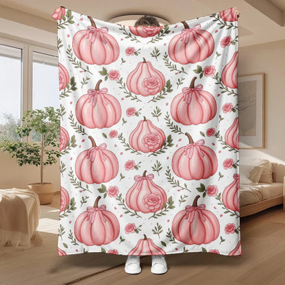 1pc Pink Pumpkin And Rose Floral Print Flannel Blanket Soft Comfortable Warm Bed Cover Autumn Winter Season Living Room Bedroom Sofa Throw Halloween Thanksgiving Christmas Festival Gift